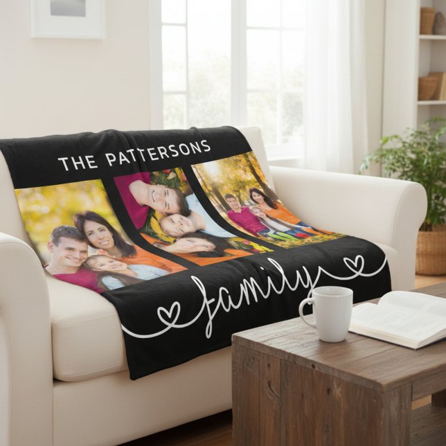 Family 3 Photo Template Personalised Script Fleece Blanket (Creator Uploaded)