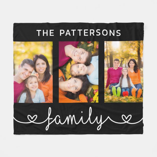 Family 3 Photo Template Personalised Script Fleece Blanket (Front (Horizontal))