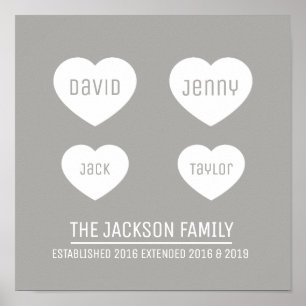 Family 4 hearts personalised timeline art poster