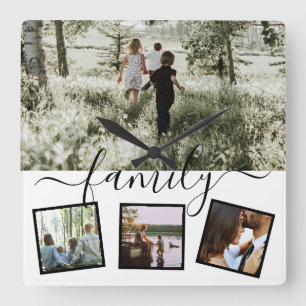 Family 4 photo collage custom personalised square wall clock