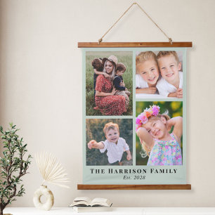 Family 4 Photo Collage Sage Green Hanging Tapestry