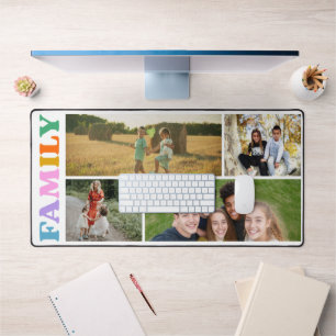Family 4 photos collage modern colourful typograph desk mat