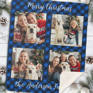 Family 4 Pictures Personalised Plaid Christmas Sherpa Blanket