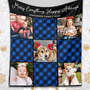 Family 5 Photo Collage Personalised Blue Plaid Fleece Blanket