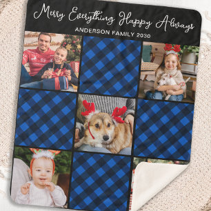 Family 5 Photo Collage Personalised Blue Plaid Sherpa Blanket