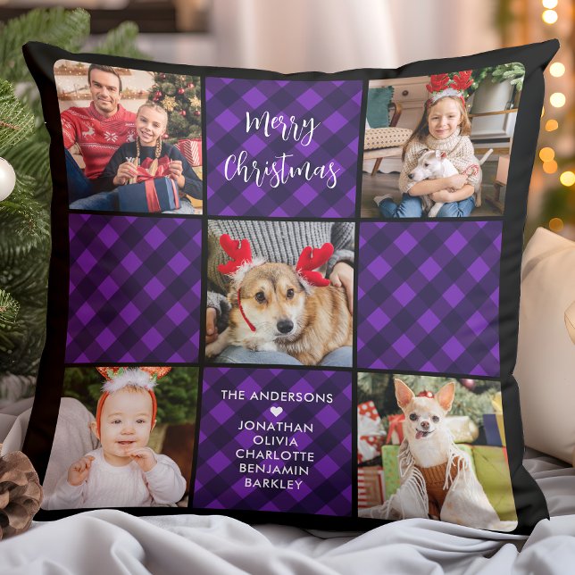Family 5 Photo Collage Personalised Holiday Plaid Cushion (Creator Uploaded)