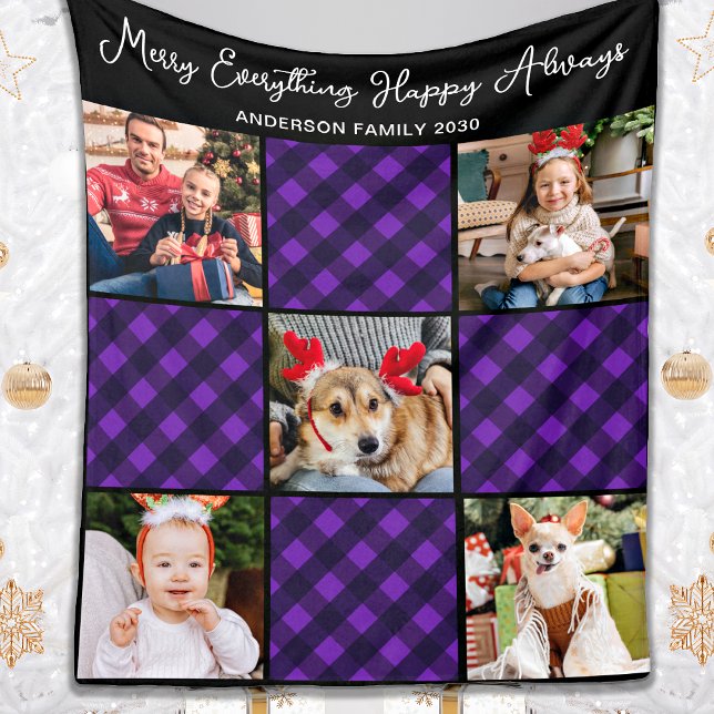 Family 5 Photo Collage Personalised Holiday Plaid Fleece Blanket (Creator Uploaded)