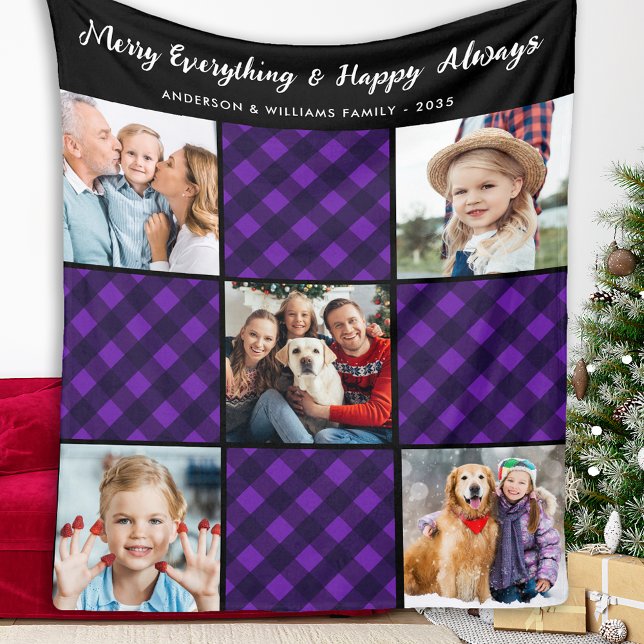 Family 5 Picture Personalised Holiday Plaid Quilt Fleece Blanket (Creator Uploaded)