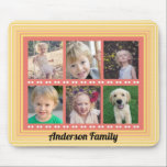 Family 6 Photo Collage Coral and Yellow Mouse Pad<br><div class="desc">This photo collage design is a perfect gift for any family member. The 6 photo frames allow you to add all your favourite family photos. Personalise this yellow and coral coloured  mouse pad with your family name.</div>