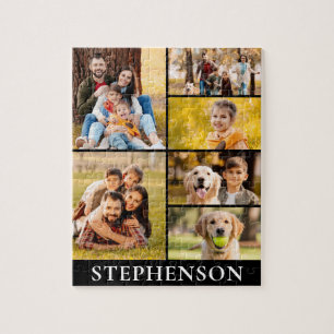 Family 6 Photo Collage Minimalist Simple Black Jigsaw Puzzle