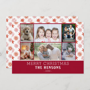 Family 6 Photo Collage Red Snowflakes Christmas Holiday Card