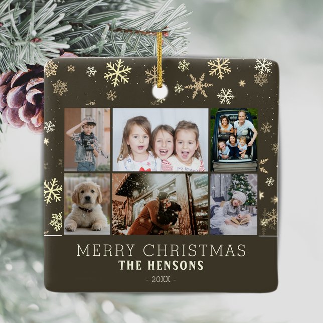 Family 6 Photo Collage Snowflakes Merry Christmas Ceramic Ornament (Creator Uploaded)