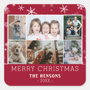 Family 6 Photo Collage Snowflakes Merry Christmas Square Sticker