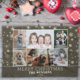 Family 6 Photo Collage Snowflakes Merry Christmas Tea Towel