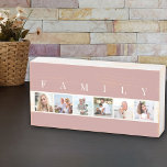 FAMILY 6 Photo Collage Square Picture Strip Pink Wooden Box Sign<br><div class="desc">Distressed wooden box sign personalised with your family photos. The photo template is set up for you to add 6 of your favourite pictures, which are displayed in square format in a simple, strip style, photo collage. Above your pictures, the word "FAMILY" is lettered in modern typography. This smart and...</div>