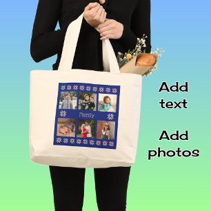 Family 6 photos custom text navy frame winter large tote bag