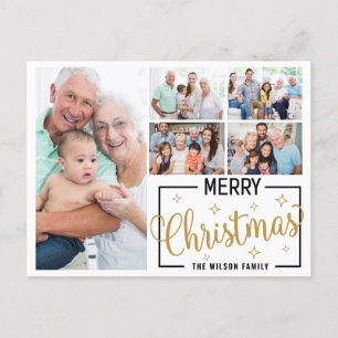 Family 7 Photo Collage White Gold Merry Christmas Holiday Postcard