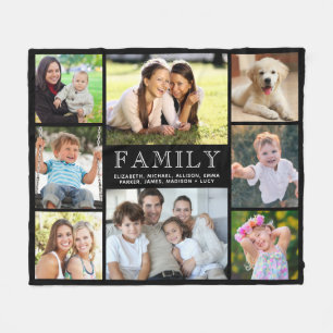 Family 8 Photo Collage Black Fleece Blanket
