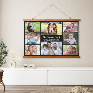 Family 8 Photo Collage Black Hanging Tapestry
