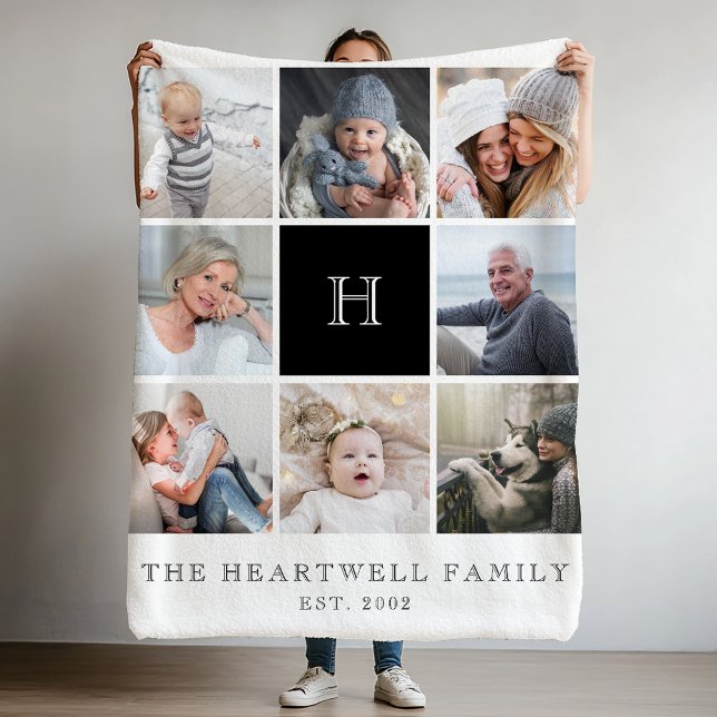 Family 8 Photo Collage Monogram Black and White Fleece Blanket (Creator Uploaded)
