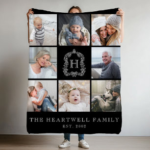 Family 8 Photo Collage Monogram Crest Black White Fleece Blanket