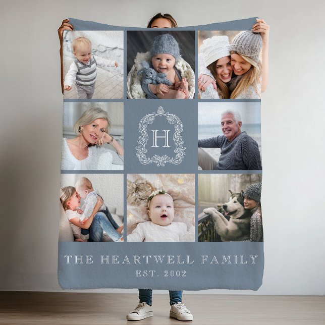 Family 8 Photo Collage Monogram Crest Dusty Blue Fleece Blanket (Creator Uploaded)