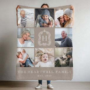 Family 8 Photo Collage Monogram Crest Taupe Fleece Blanket