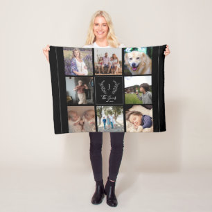 Family 8 photo collage monogram name elegant black fleece blanket