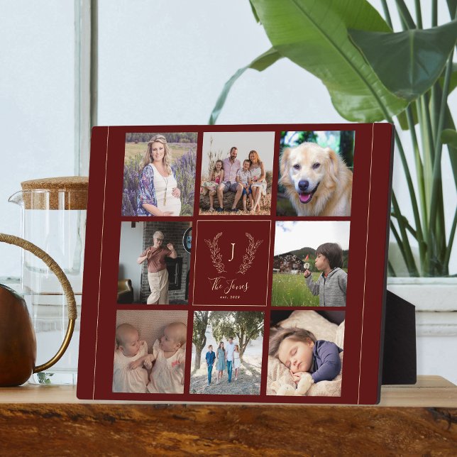 Family 8 photo collage monogram name personalised plaque (Creator Uploaded)