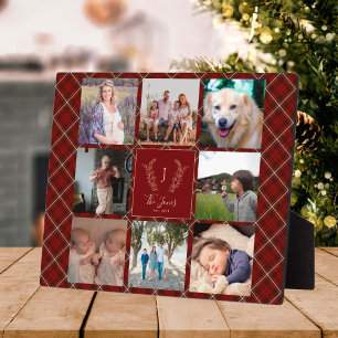Family 8 photo collage monogram name red plaid plaque
