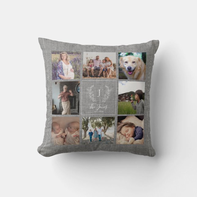 Family 8 photo collage monogram name rustic burlap cushion (Front)