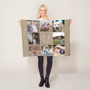 Family 8 photo collage monogram name rustic burlap fleece blanket