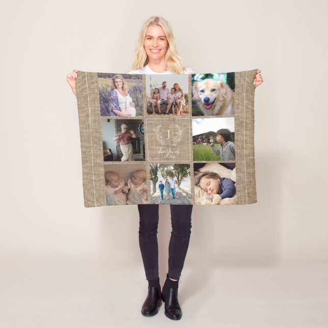 Family 8 photo collage monogram name rustic burlap fleece blanket (In Situ)
