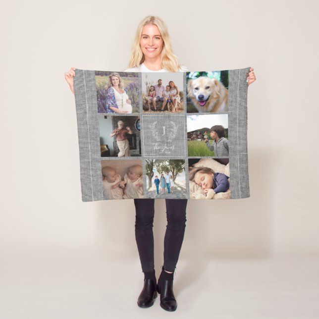 Family 8 photo collage monogram name rustic burlap fleece blanket (In Situ)