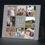 Family 8 photo collage monogram name rustic plaque<br><div class="desc">Custom monogram and name with family established year 8 photo grid rustic country farmhouse elegant grey burlap keepsake photo frame template plaque.         A thoughtful gift for Christmas,  family anniversary or Thanksgiving.</div>