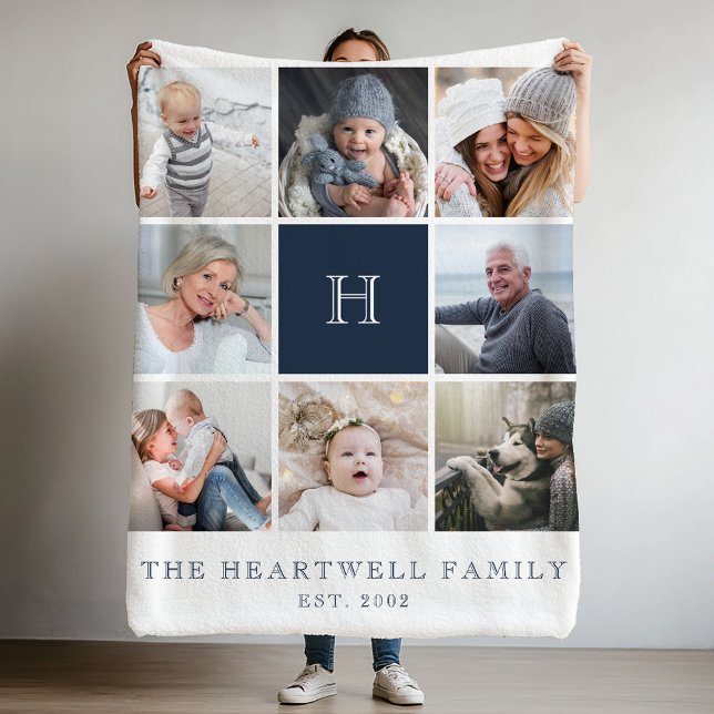 Family 8 Photo Collage Monogram Navy Blue Fleece Blanket (Creator Uploaded)