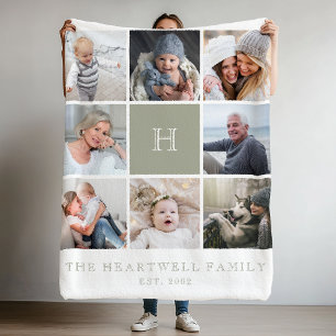Family 8 Photo Collage Monogram Sage Green Fleece Blanket