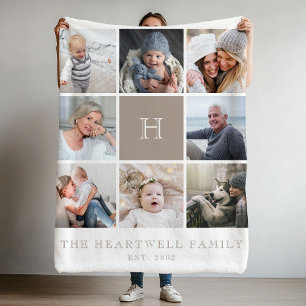 Family 8 Photo Collage Monogram Taupe Fleece Blanket