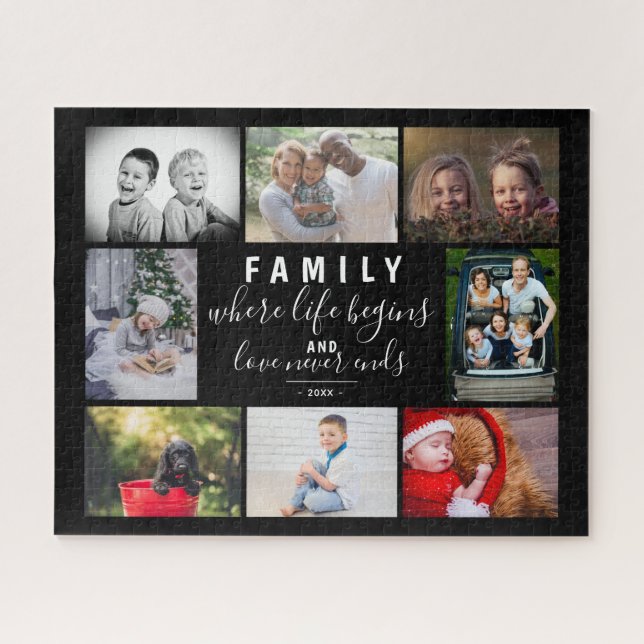 Family 8 Photo Collage Saying Script Black Jigsaw Puzzle (Horizontal)