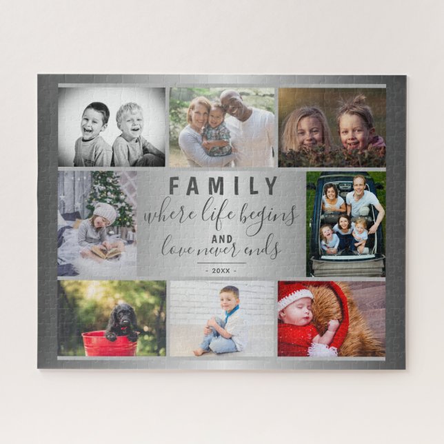 Family 8 Photo Collage Silver Saying Trendy Script Jigsaw Puzzle (Horizontal)