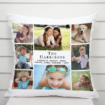 Family 8 Photo Collage White Cushion<br><div class="desc">A custom white photo pillow to celebrate your family featuring an 8 photo collage,  your last name in elegant serif typography and everyone's first names in simple modern lettering.</div>