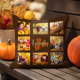 Family 8 Photo Fall Autumn Brown Gold Hearts Cushion