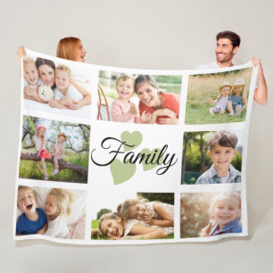 Family 8 Photo Spring White Green Hearts Fleece Blanket