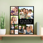 Family 9 Photo Collage Black Faux Canvas Print<br><div class="desc">A custom photo collage faux canvas print for your family featuring 9 photos,  "Family, " and your names white typography against a black background. The colours of the background and text can be changed by editing in the design tool.</div>