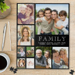 Family 9 Photo Collage Jigsaw Puzzle<br><div class="desc">A custom 9 photo collage puzzle for your family featuring your favourite pictures,  and "Family" and your names in white typography against a black background. The colours of the background and text can be changed by editing in the design tool.</div>