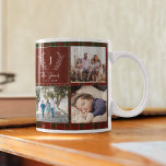 Family 9 photo collage monogram name personalised  coffee mug<br><div class="desc">Custom monogram and name with family established year 9 photo grid simple elegant dark red green plaid tartan keepsake custom photos coffee mug.         A thoughtful gift for Christmas,  family anniversary or Thanksgiving.</div>