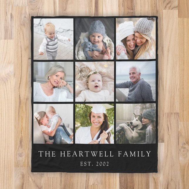Family 9 Photo Collage Personalised Black Fleece Blanket (Creator Uploaded)