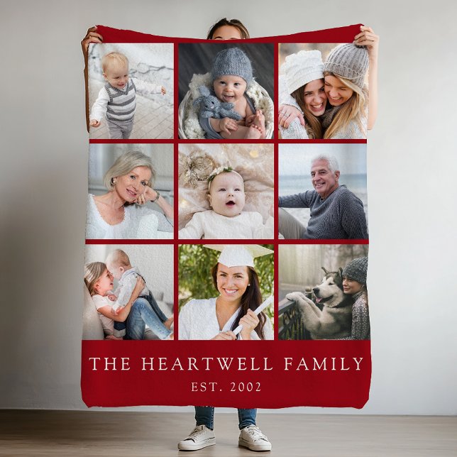 Family 9 Photo Collage Personalised Cranberry Red Fleece Blanket (Creator Uploaded)