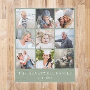 Family 9 Photo Collage Personalised Sage Green Fleece Blanket