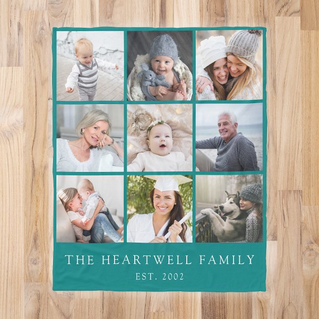 Family 9 Photo Collage Personalised Teal Blue Fleece Blanket (Creator Uploaded)